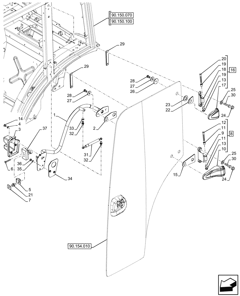 Схема запчастей Case IH FARMALL 80V - (90.154.020) - VAR - 759031, 759033 - DOOR HANDLE, GLASS, SEAL, CAB (90) - PLATFORM, CAB, BODYWORK AND DECALS