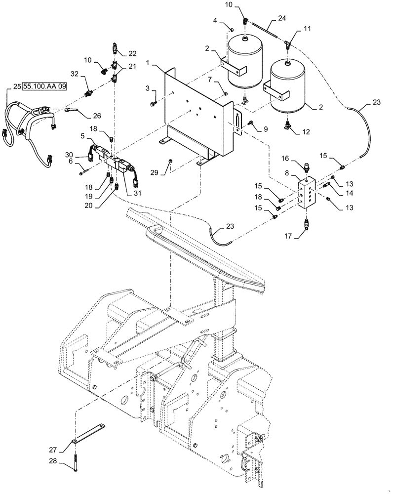 Схема запчастей Case IH 1255 - (79.940.AI[02]) - IN CAB PNEUMATIC DOWN PRESSURE AIR TANK AND VALVE FOR 24 ROW (79) - PLANTING