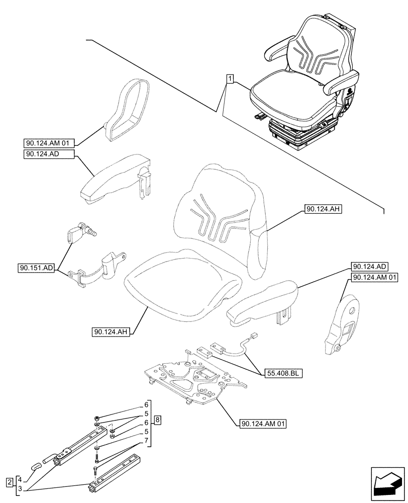 Схема запчастей Case IH FARMALL 120A - (90.124.AL) - VAR - 336923 - DRIVER SEAT (W/ ARMREST, 15° SWIVEL), RAIL ASSY, CAB (90) - PLATFORM, CAB, BODYWORK AND DECALS