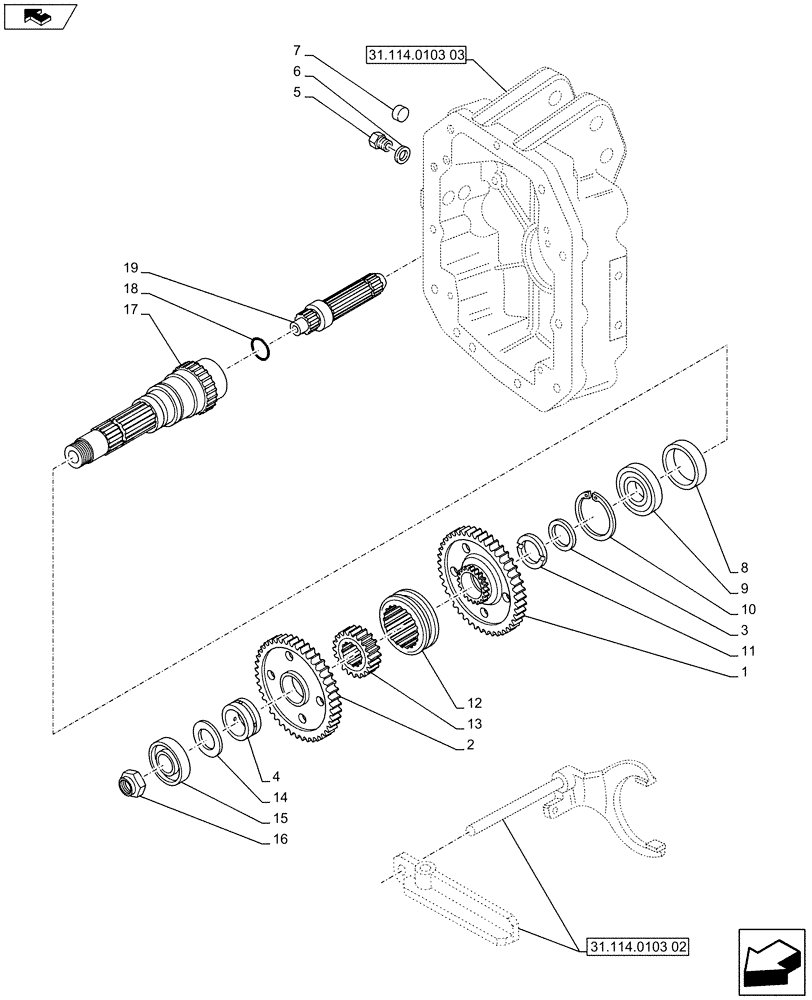 Схема запчастей Case IH PUMA 200 - (31.114.0103[01]) - 1000/540E INTERCHANGEABLE REAR PTO SHAFTS - SHAFT AND GEARS (VAR.743335) (31) - IMPLEMENT POWER TAKE OFF
