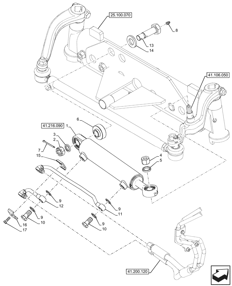Схема запчастей Case IH FARMALL 90V - (41.216.080) - VAR - 743515 - 2WD FRONT AXLE, W/ ELECTROHYDRAULIC DIFFERENTIAL LOCK, STEERING CYLINDER, HYDR LINES (41) - STEERING