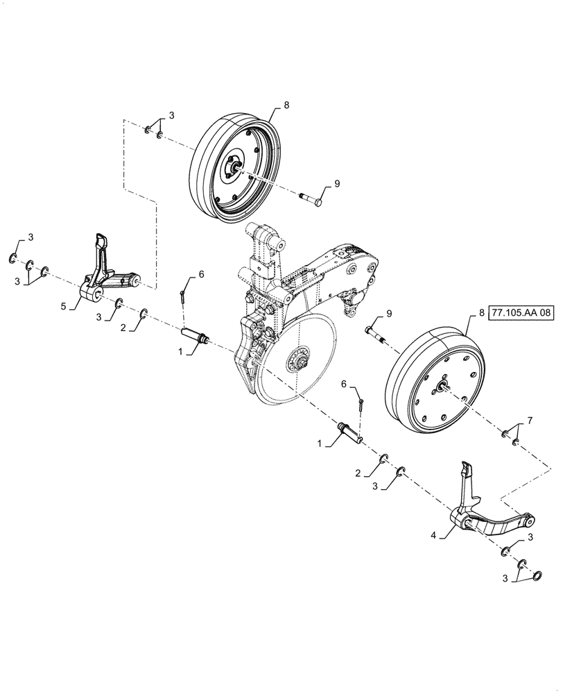 Схема запчастей Case IH 2160 - (77.105.AA[09]) - FRONT RIGHT LEADING FLAT STANDARD GAUGE WHEEL (77) - SEEDING/PLANTING