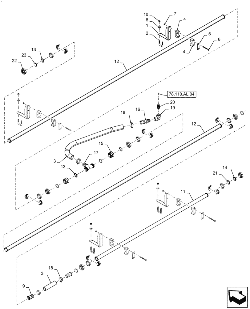 Схема запчастей Case IH PATRIOT 3340 - (78.110.AE[09]) - SPRAYBAR, 90, 5 SECTION, 20/30" SPACING, RH INNER, BSN YGT042519 (78) - SPRAYING
