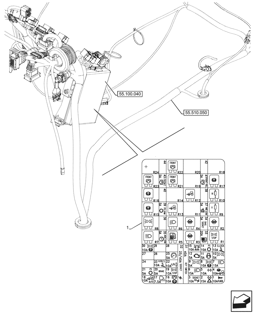 Схема запчастей Case IH FARMALL 80N - (90.108.060) - VAR - 341065, 341067, 341387 - FUSE BOX, DECAL, ROPS (90) - PLATFORM, CAB, BODYWORK AND DECALS