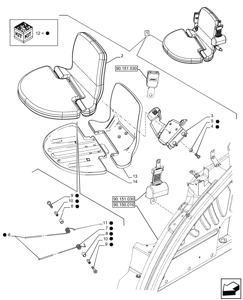 Схема запчастей Case IH FARMALL 120U - (90.151.160) - VAR - 332147, 339434 - PASSENGER SEAT (90) - PLATFORM, CAB, BODYWORK AND DECALS