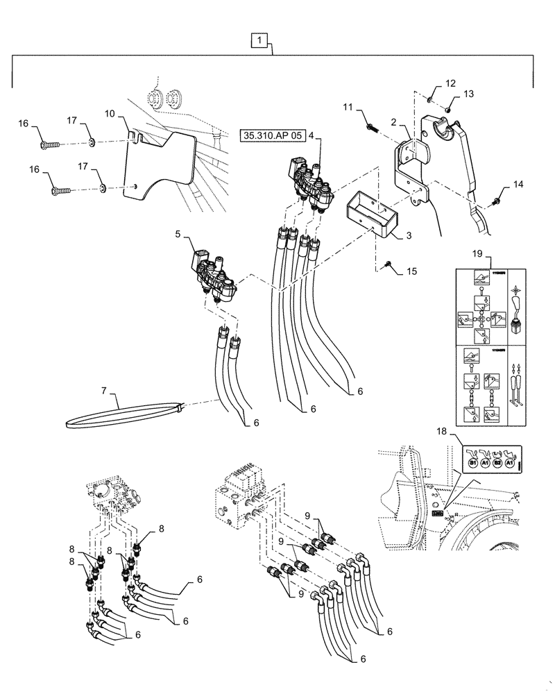 Схема запчастей Case IH L745 - (35.525.AA[34]) - VAR - 713756006 - 3 FUNCTION HOSE KIT W/ MC6 FOR MAXXUM 115 - 150EP (35) - HYDRAULIC SYSTEMS