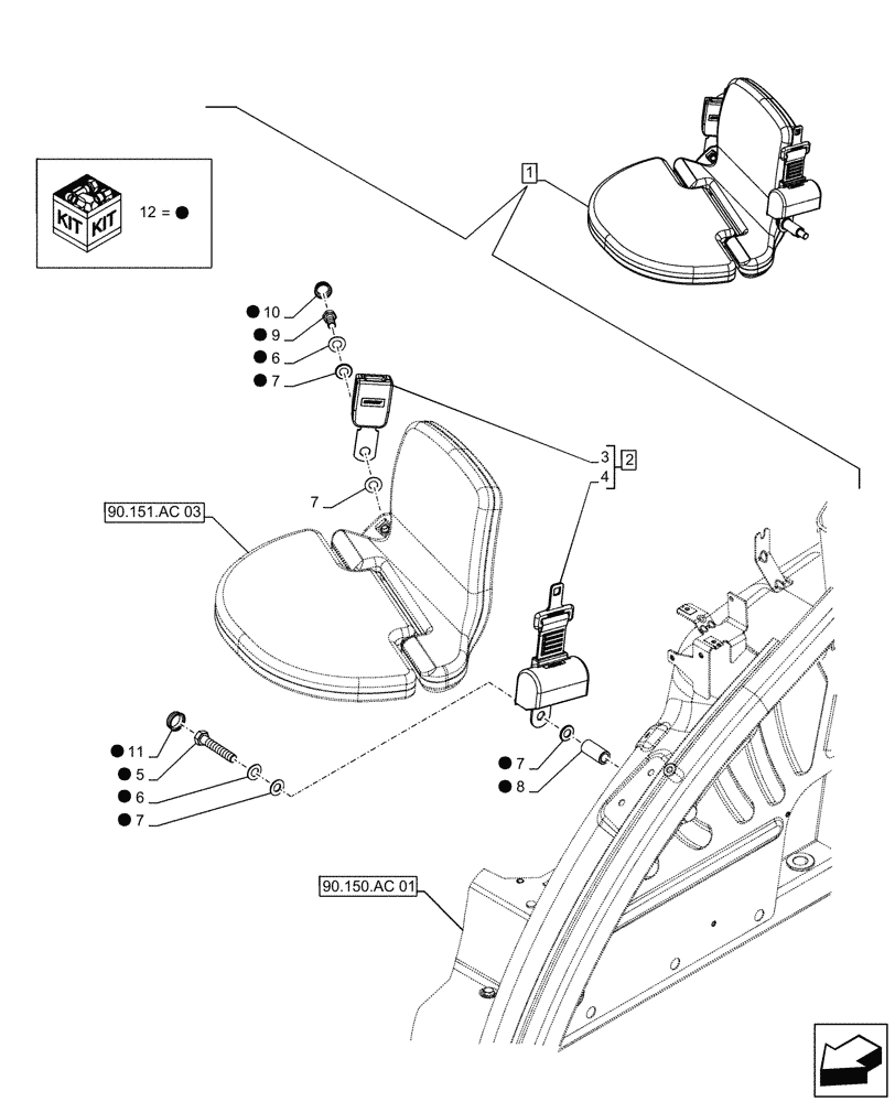 Схема запчастей Case IH FARMALL 130A - (90.151.AC[02]) - VAR - 336937 - PASSENGER SEAT (90) - PLATFORM, CAB, BODYWORK AND DECALS