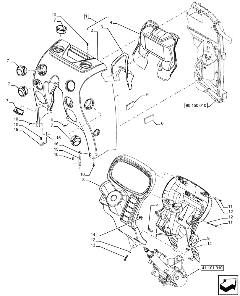 Схема запчастей Case IH FARMALL 120U - (90.151.190) - VAR - 332147, 339434 - INSTRUMENT PANEL, CONSOLE (90) - PLATFORM, CAB, BODYWORK AND DECALS