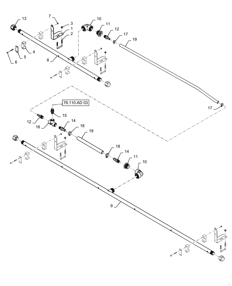 Схема запчастей Case IH PATRIOT 3340 - (78.110.AE[19]) - SPRAYBAR, 100, 6 SECTION, LO FLOW, 20" SPACING, LH OUTER AND BREAKAWAY (78) - SPRAYING