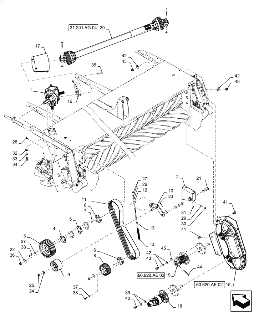 Схема запчастей Case IH DC133 - (60.620.AE[01]) - HEADER, DRIVE ASSY, ROLL (60) - PRODUCT FEEDING