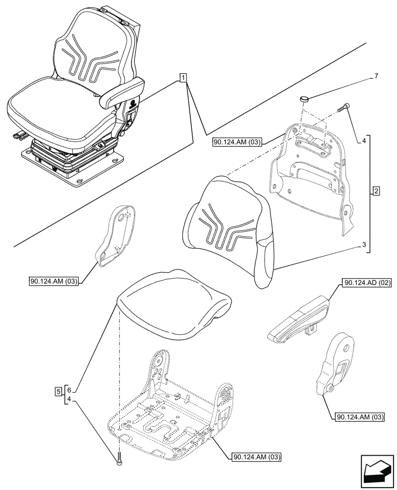Схема запчастей Case IH MAXXUM 145 - (90.124.AH[02]) - VAR - 391283 - SEAT, AIR SUSPENSION, CUSHION (90) - PLATFORM, CAB, BODYWORK AND DECALS