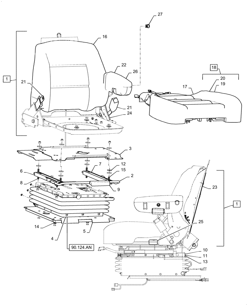 Схема запчастей Case IH 7088 - (90.124.AH[02]) - VAR - 425187 - SEAT CUSHION & ARMREST, CLOTH (90) - PLATFORM, CAB, BODYWORK AND DECALS