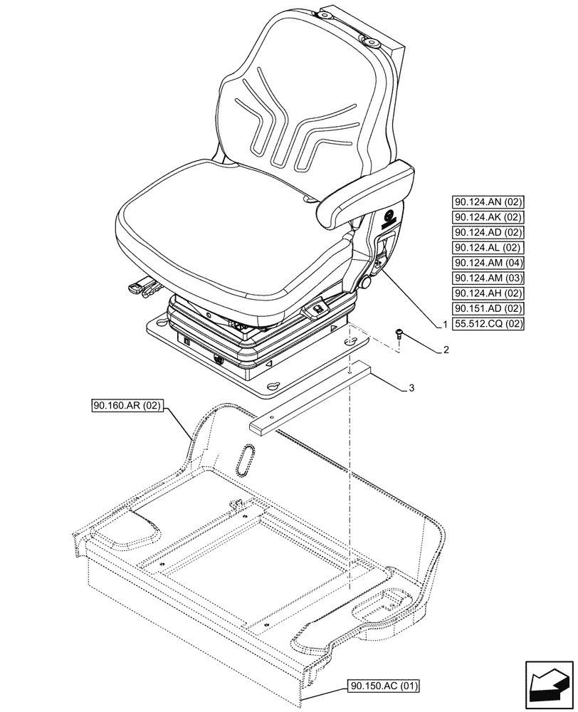 Схема запчастей Case IH MAXXUM 145 - (90.124.AE[02]) - VAR - 391283 - SEAT, AIR SUSPENSION (90) - PLATFORM, CAB, BODYWORK AND DECALS