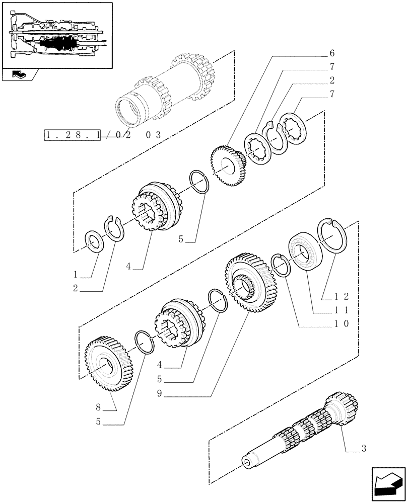 Схема запчастей Case IH FARMALL 105N - (1.28.1/02[04]) - HI-LO GEAR BOX GEARING - GEARS, 1,2,3 SPEEDS (VAR.330275-331275 / 743510; VAR.330273) (03) - TRANSMISSION
