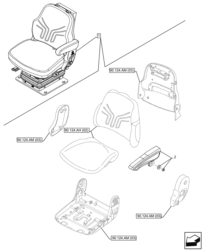 Схема запчастей Case IH MAXXUM 145 - (90.124.AD[02]) - VAR - 391283 - DRIVER SEAT, ARMREST (90) - PLATFORM, CAB, BODYWORK AND DECALS