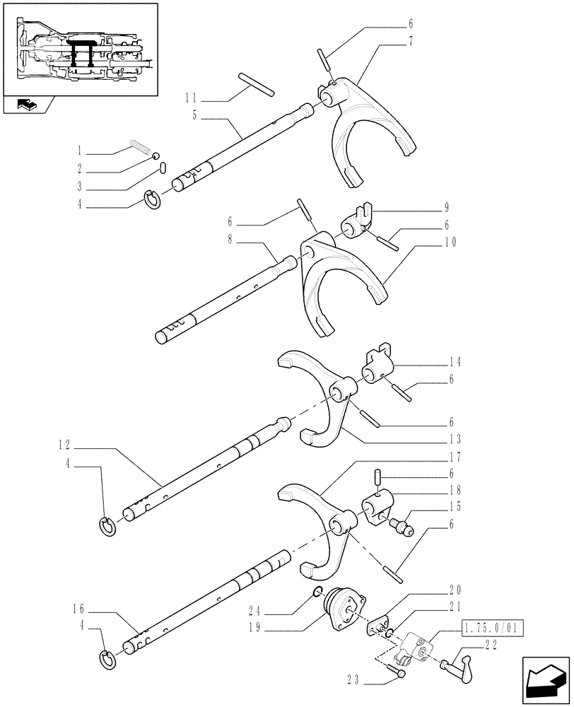 Схема запчастей Case IH FARMALL 75C - (1.29.0) - GEARBOX INNER CONTROLS, RODS AND FORKS (03) - TRANSMISSION