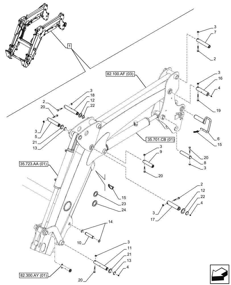 Схема запчастей Case IH FARMALL 110C - (82.100.BG[02]) - VAR - 336734, 336736 - LOADER ARM, PIN, W/ SELF-LEVELING (82) - FRONT LOADER & BUCKET