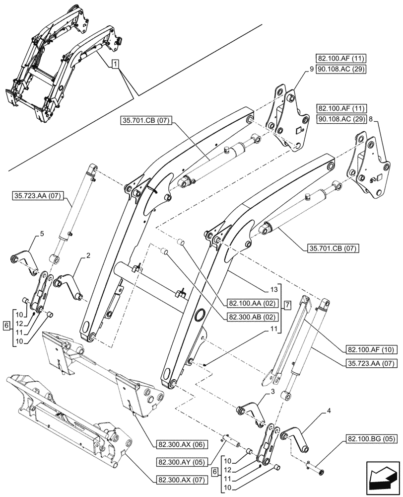 Схема запчастей Case IH FARMALL 90C - (82.100.AF[09]) - VAR - 336740, 336742 - LOADER ARM, ARM/LIFTING DEVICE, W/O SELF-LEVELING (82) - FRONT LOADER & BUCKET