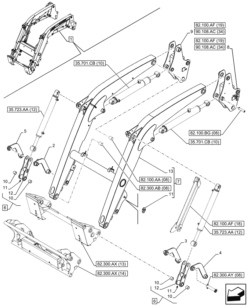 Схема запчастей Case IH FARMALL 90C - (82.100.AF[17]) - VAR - 336740, 336742 - LOADER ARM, ARM/LIFTING DEVICE, W/ DIVERTER, W/O SELF-LEVELING (82) - FRONT LOADER & BUCKET