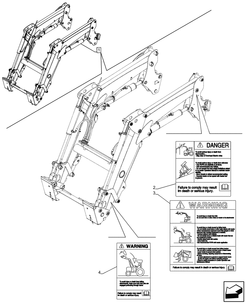 Схема запчастей Case IH FARMALL 120C - (90.108.AC[27]) - VAR - 336734, 336736 - LOADER ARM, WARNING DECAL, W/DIVERTER, W/ SELF-LEVELING (90) - PLATFORM, CAB, BODYWORK AND DECALS