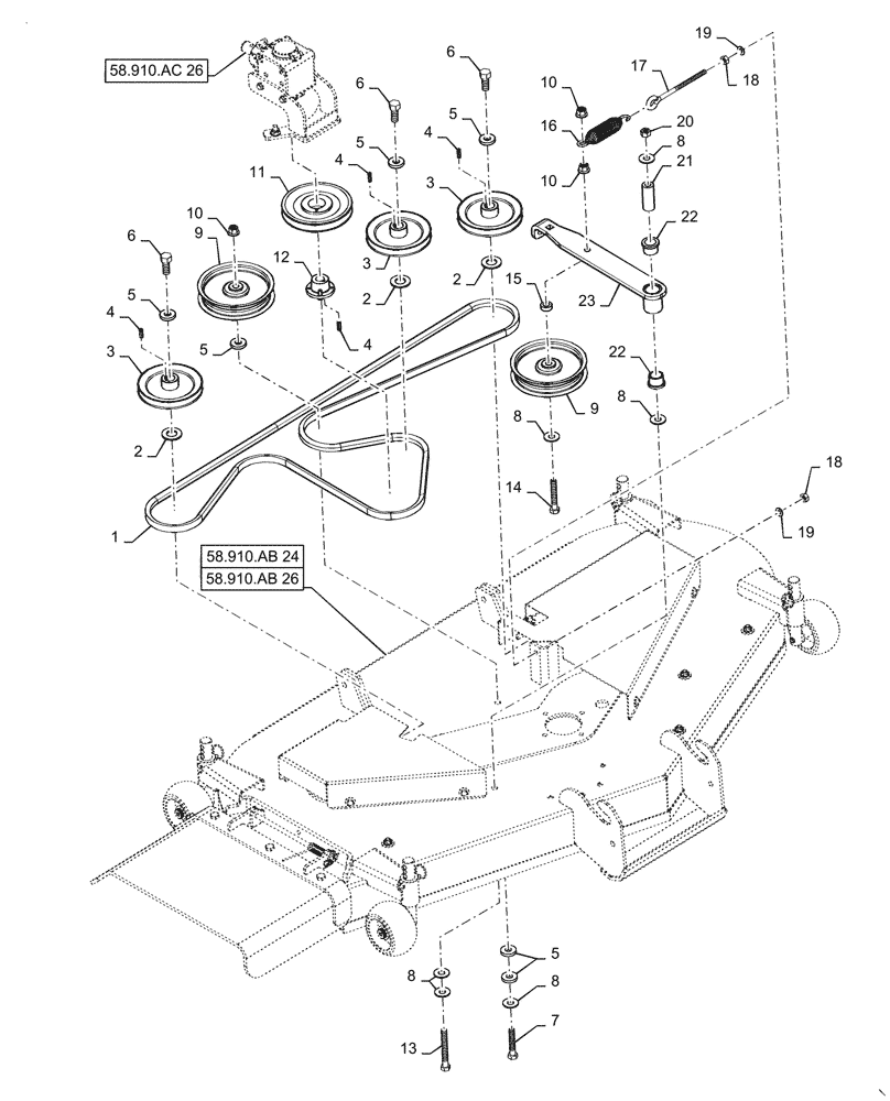 Схема запчастей Case IH MW160S - (58.910.AC[25]) - VAR - 717966166, 717966236 - MOWER DECK PULLEY DRIVE (58) - ATTACHMENTS/HEADERS