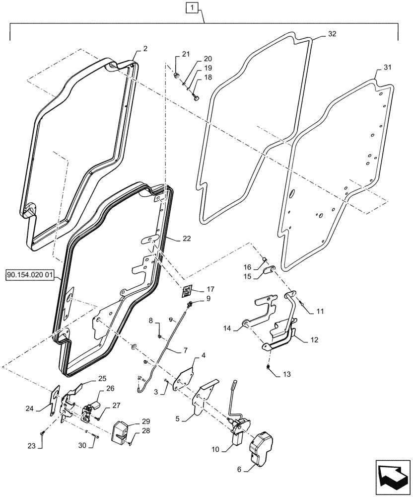 Схема запчастей Case IH SR270 - (90.154.030[01]) - GLASS DOOR, ASSY (90) - PLATFORM, CAB, BODYWORK AND DECALS