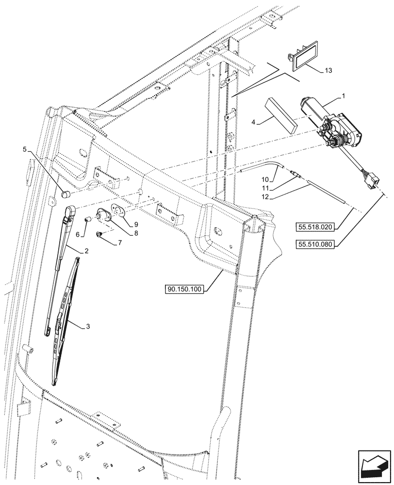 Схема запчастей Case IH FARMALL 90V - (55.518.050) - VAR - 390642 - WINDSHIELD WIPER, CAB (55) - ELECTRICAL SYSTEMS