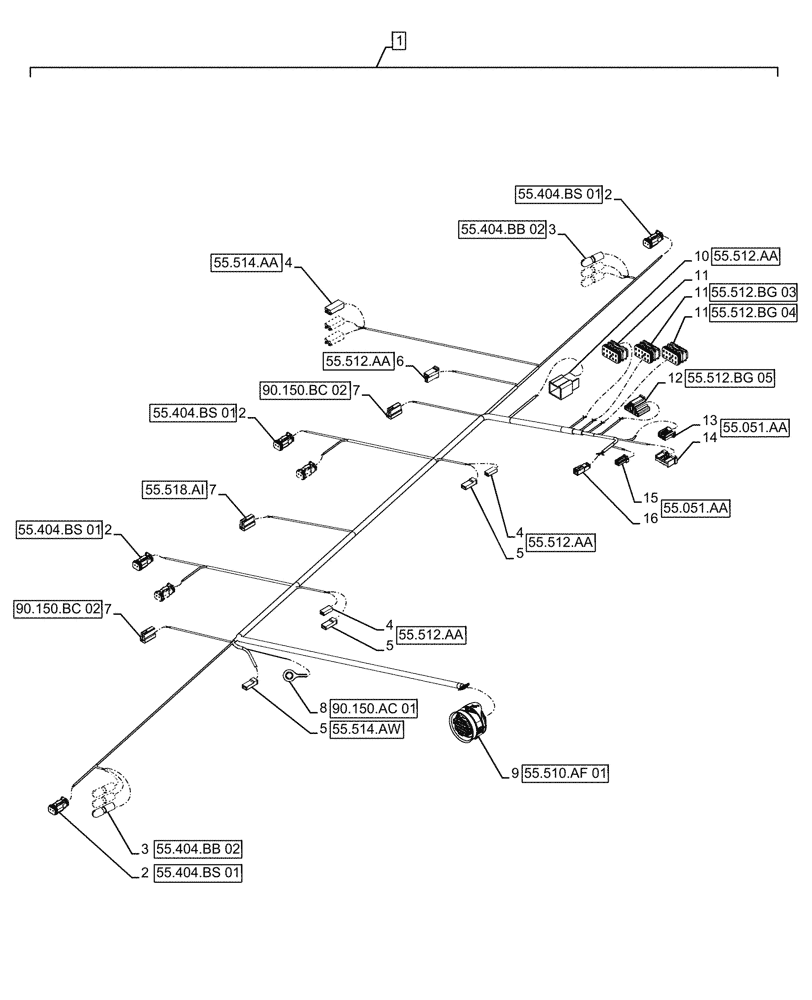 Схема запчастей Case IH FARMALL 120A - (55.510.AH[02]) - VAR - 334743, 391126 - HARNESS, ROOF, CAB (55) - ELECTRICAL SYSTEMS