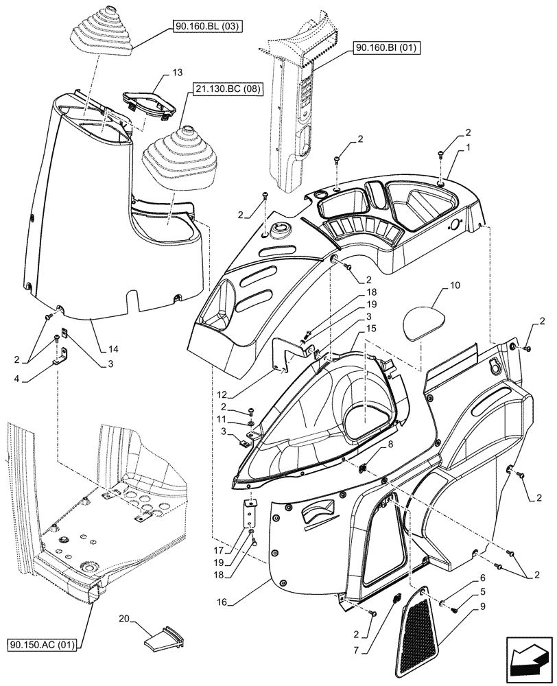 Схема запчастей Case IH FARMALL 105C - (90.160.BL[05]) - VAR - 336125, 338125 - CAB, TRIM, RH, HI-LO (90) - PLATFORM, CAB, BODYWORK AND DECALS
