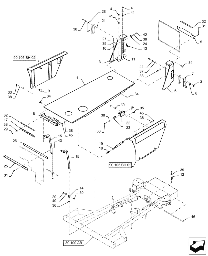 Схема запчастей Case IH WD1903 - (90.105.BH) - SHIELD, CENTER-BOLTED, BODY (90) - PLATFORM, CAB, BODYWORK AND DECALS