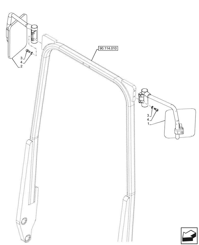 Схема запчастей Case IH FARMALL 80V - (90.118.050) - MIRROR, W/O CAB (90) - PLATFORM, CAB, BODYWORK AND DECALS