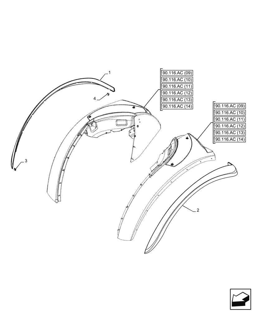 Схема запчастей Case IH FARMALL 105C - (90.116.AC[19]) - VAR - 340565 - REAR FENDER EXTENSION, WIDE (90) - PLATFORM, CAB, BODYWORK AND DECALS