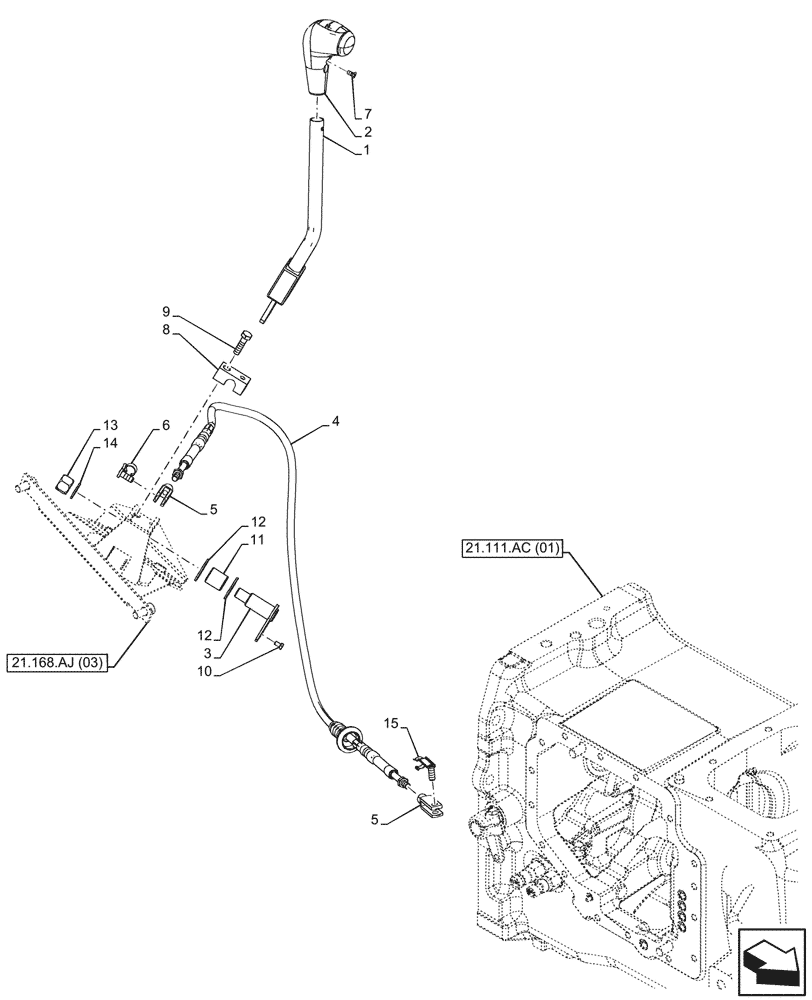 Схема запчастей Case IH MAXXUM 115 - (21.168.AJ[04]) - VAR - 394782, 758068, 758069 - GEARSHIFT, CONTROLS, LEVER, CABLE (21) - TRANSMISSION