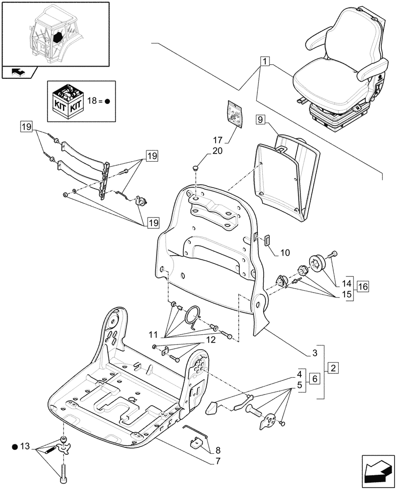 Схема запчастей Case IH FARMALL 85U - (1.93.3/02B[02]) - SWIVEL FABRIC SEAT WITH AIR SUSPENSION, SWITCH AND ARMREST - BREAKDOWN - D7342 (10) - OPERATORS PLATFORM/CAB