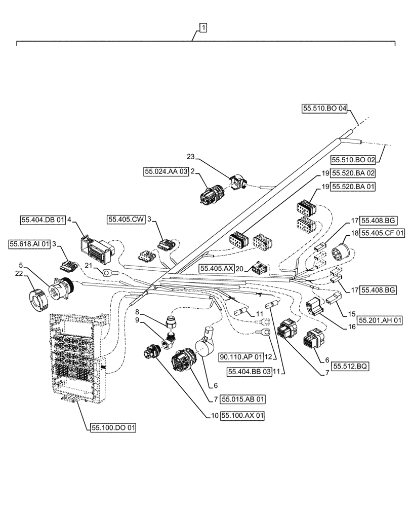 Схема запчастей Case IH FARMALL 110A - (55.510.BO[03]) - VAR - 393315 - MAIN HARNESS, W/O CAB, PART II (55) - ELECTRICAL SYSTEMS