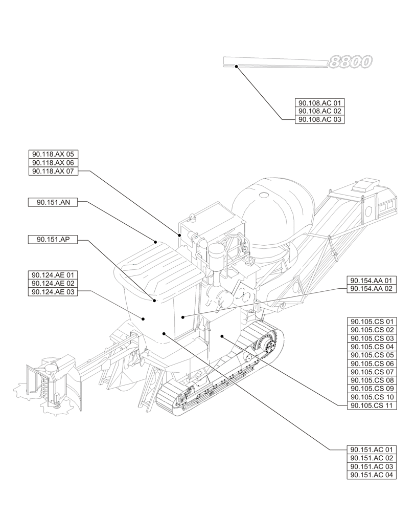 Схема запчастей Case IH A8800 - (90.000.00[04]) - SECTION INDEX - PLATFORM, CAB, BODYWORK AND DECALS (90) - PLATFORM, CAB, BODYWORK AND DECALS