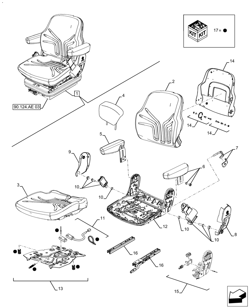Схема запчастей Case IH FARMALL 130A - (90.124.AE[02]) - VAR - 391268 - DRIVER SEAT, W/O CAB (90) - PLATFORM, CAB, BODYWORK AND DECALS