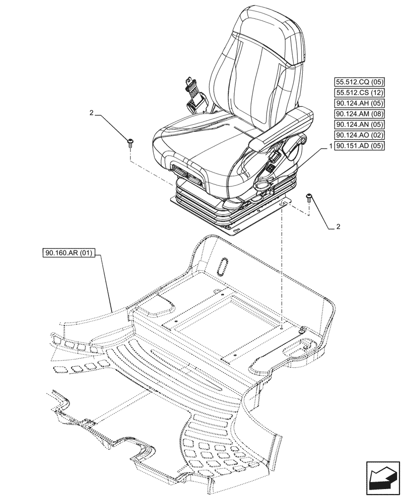 Схема запчастей Case IH MAXXUM 135 - (90.124.AE[05]) - VAR - 758362 - DRIVER SEAT, GRAMMER DELUXE SEAT, W/ LOW FREQUENCY AIR SUSPENSION, W/ MECHANICAL REMOTES, MOUNTING (90) - PLATFORM, CAB, BODYWORK AND DECALS