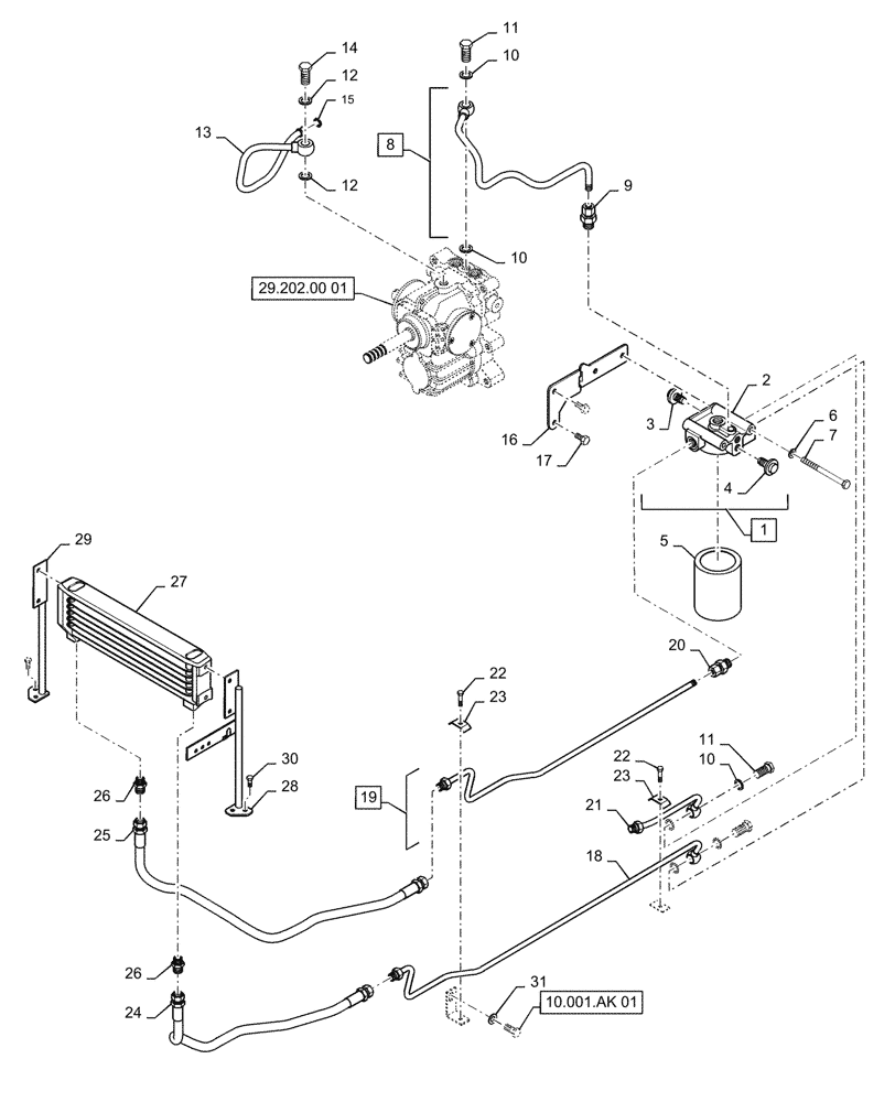 Схема запчастей Case IH FARMALL 35C - (10.408.AO[01]) - TRANSMISSION OIL COOLER, FARMALL 30C, 35C (10) - ENGINE