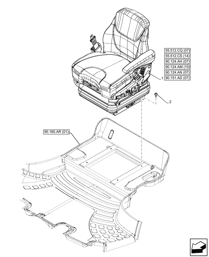 Схема запчастей Case IH MAXXUM 135 - (90.124.AE[07]) - VAR - 758363 - DRIVER SEAT, W/ SEMI-ACTIVE SUSPENSION, W/ HEATED CUSHIONS, ACTIVE LEATHER COMFORT PACK, W/ MECHANICAL REMOTES, MOUNTING (90) - PLATFORM, CAB, BODYWORK AND DECALS