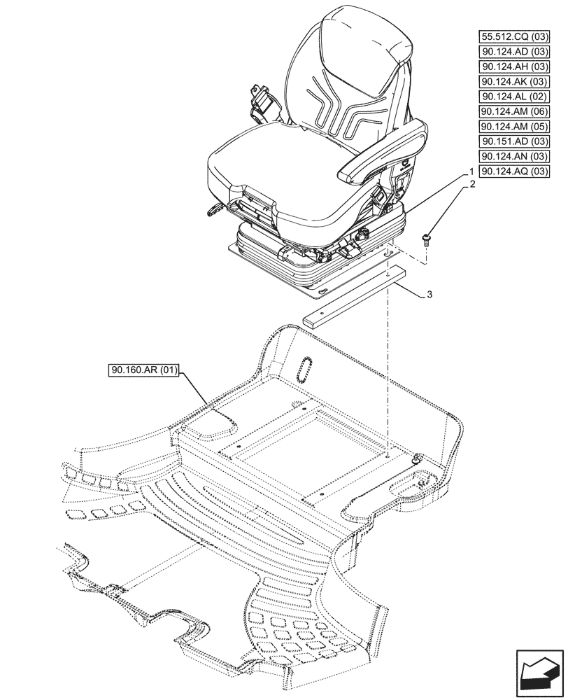 Схема запчастей Case IH MAXXUM 135 - (90.124.AE[03]) - VAR - 758671 - DRIVER SEAT, GRAMMER DELUXE SEAT, W/ LOW FREQUENCY AIR SUSPENSION, W/ HEATED CUSHIONS, W/ MECHANICAL REMOTES, MOUNTING (90) - PLATFORM, CAB, BODYWORK AND DECALS