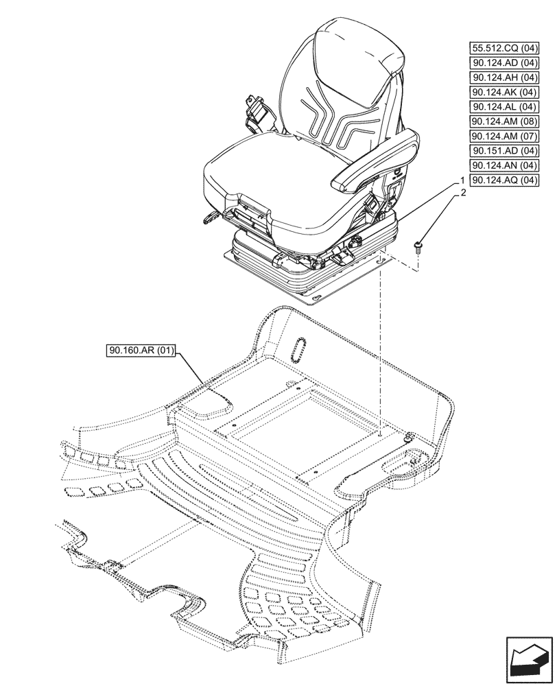 Схема запчастей Case IH MAXXUM 145 - (90.124.AE[04]) - VAR - 758675 - DRIVER SEAT, GRAMMER DELUXE SEAT, W/ LOW FREQUENCY AIR SUSPENSION, W/ HEATED CUSHIONS, MOUNTING (90) - PLATFORM, CAB, BODYWORK AND DECALS