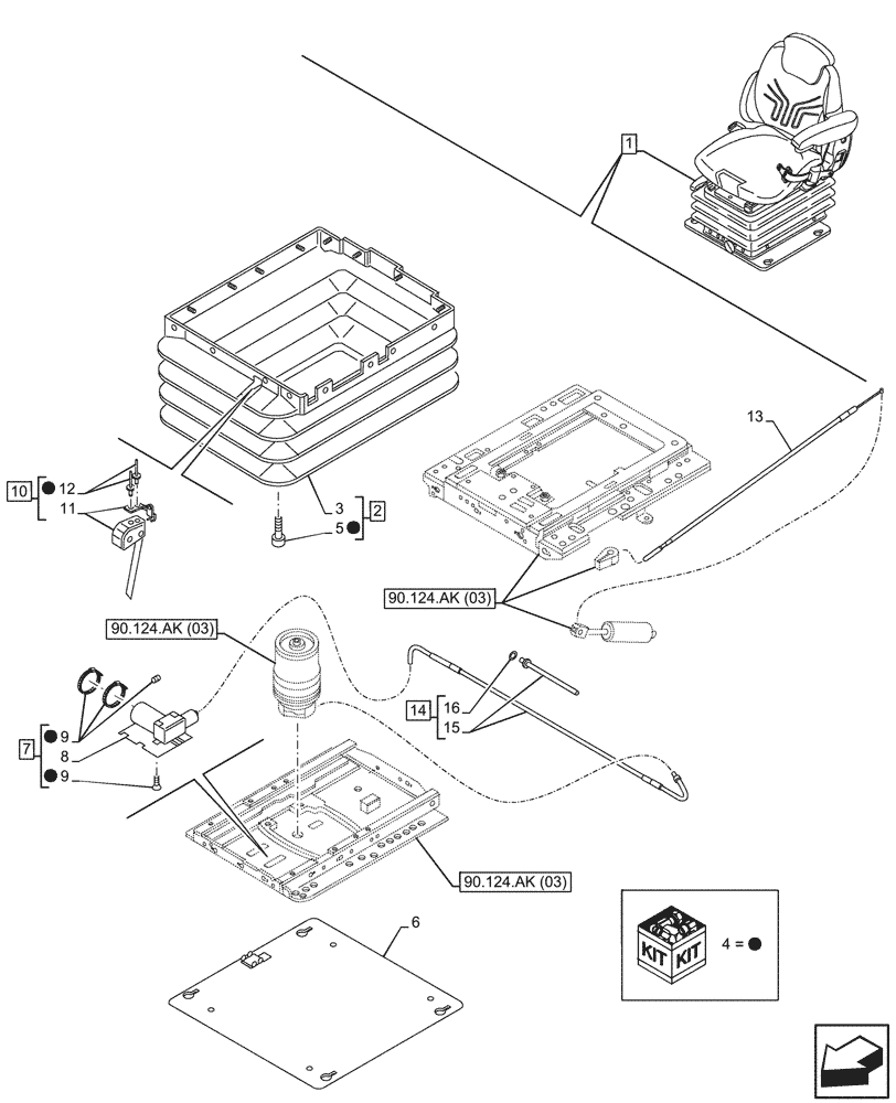 Схема запчастей Case IH MAXXUM 145 - (90.124.AN[03]) - VAR - 758674 - DRIVER SEAT, GRAMMER DELUXE SEAT, W/ LOW FREQUENCY AIR SUSPENSION, W/ HEATED CUSHIONS, AIR COMPRESSOR, SPRING (90) - PLATFORM, CAB, BODYWORK AND DECALS