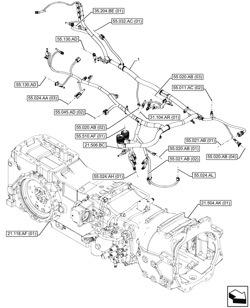 Схема запчастей Case IH MAXXUM 135 - (55.024.AA[04]) - VAR - 392999 - TRANSMISSION, HARNESS (55) - ELECTRICAL SYSTEMS
