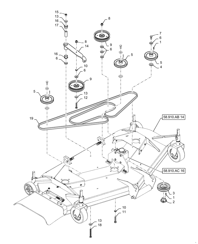 Схема запчастей Case IH MW272S - (58.910.AC[15]) - VAR - 717966226, 717966296 - MOWER DECK PULLEY DRIVE (58) - ATTACHMENTS/HEADERS
