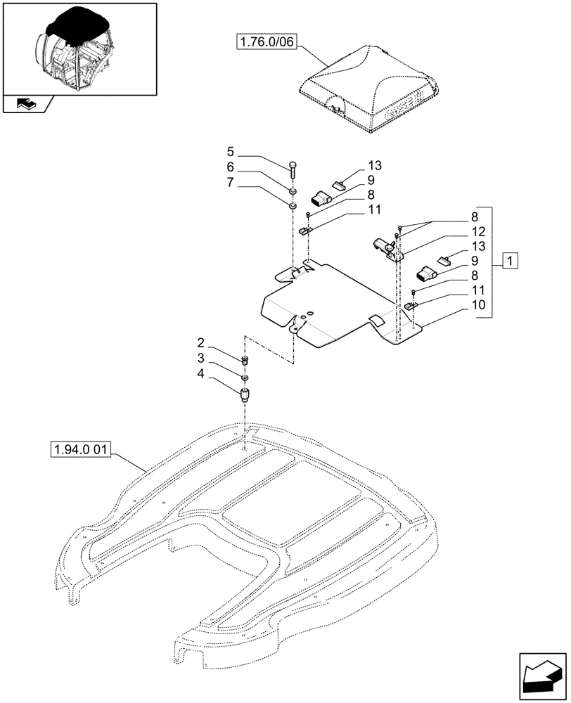 Схема запчастей Case IH PUMA 140 - (1.94.0/06[01A]) - AUTOGUIDANCE SYSTEM READY - RECEIVER SUPPORT (VAR.330077-331077) - D7409 (10) - OPERATORS PLATFORM/CAB