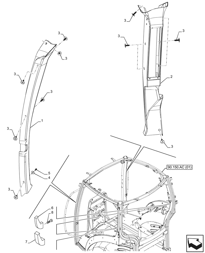 Схема запчастей Case IH MAXXUM 135 - (90.160.BI[05]) - VAR - 758442, 758549 - PILLAR, TRIM, HANDLE, FRONT (90) - PLATFORM, CAB, BODYWORK AND DECALS