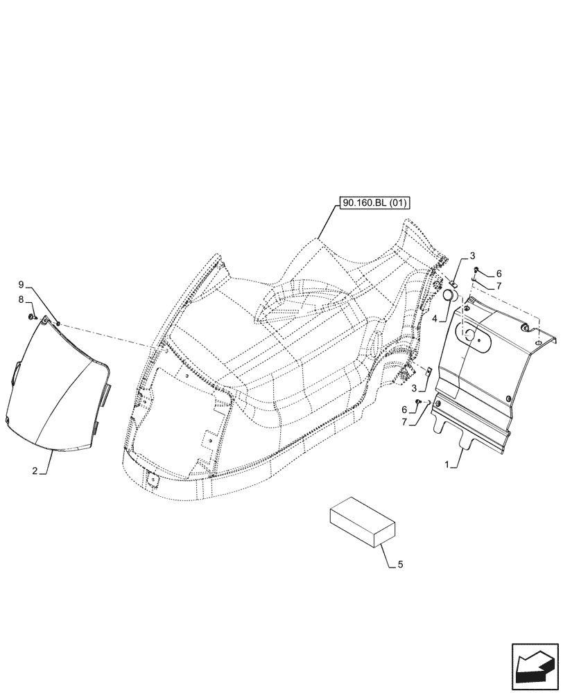 Схема запчастей Case IH MAXXUM 135 - (90.160.BL[04]) - VAR - 758442, 758549 - CAB INTERIOR TRIM, RH (90) - PLATFORM, CAB, BODYWORK AND DECALS
