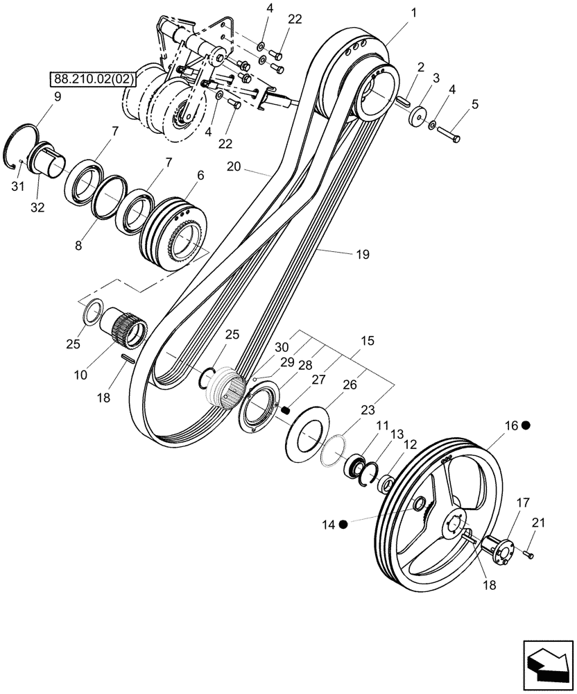 Схема запчастей Case IH 9010 - (88.210.05[02]) - STRAWCHOPPER DRIVE - PULLEYS AND BELTS - PIN HAJ202001 & AFTER - 7010/8010 (88) - ACCESSORIES