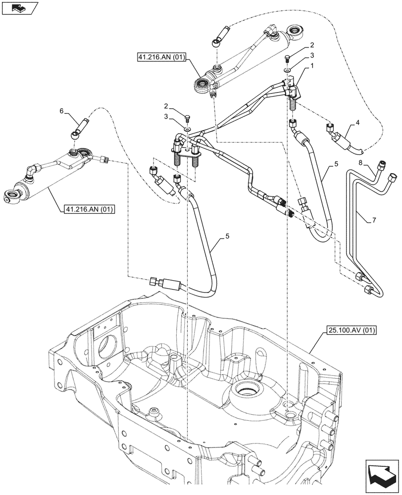 Схема запчастей Case IH MAXXUM 110 - (41.216.AV[01]) - VAR - 390409 - CLASS 3, FRONT AXLE, STEERING CYLINDER, HYD. LINE (41) - STEERING